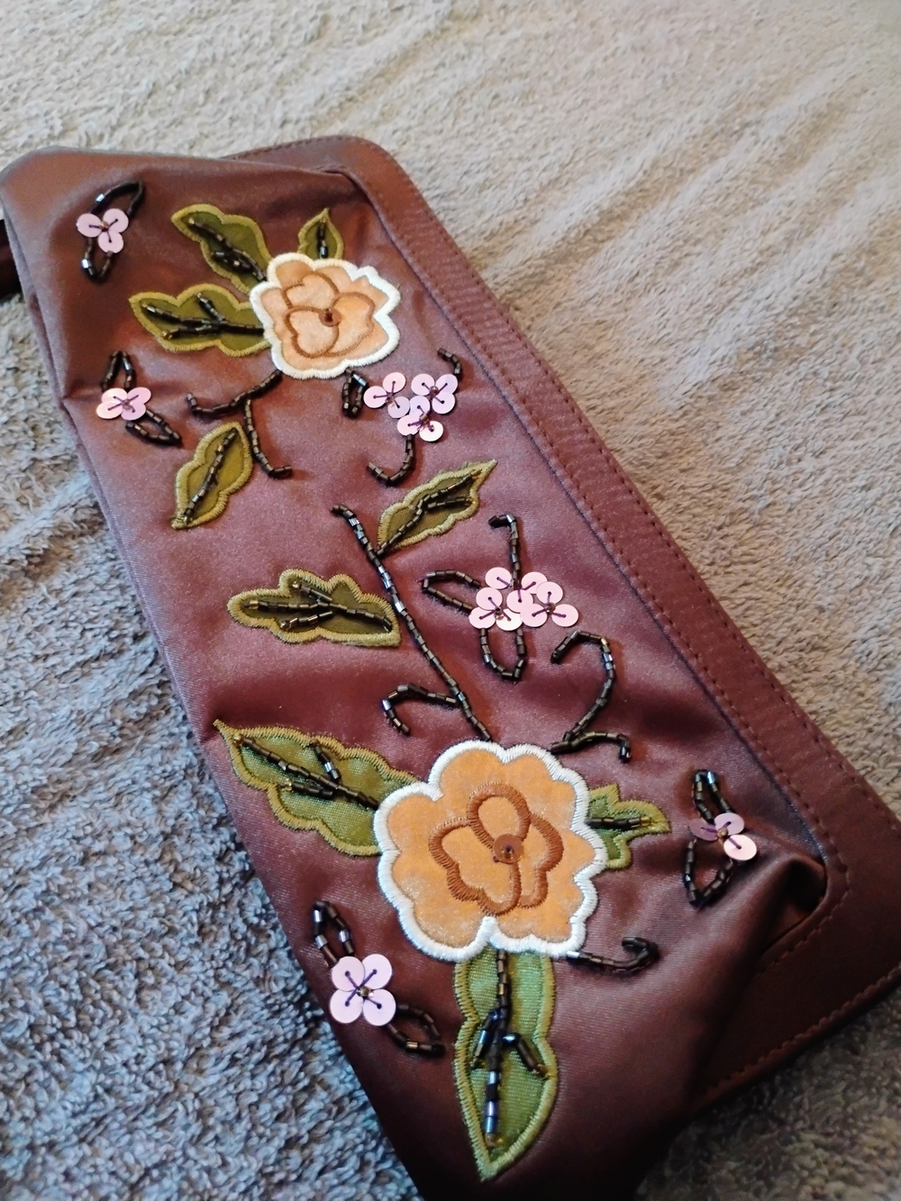 Embroidered Floral Satin Clutch Bag in Brown